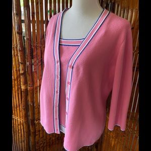 Pink & Blue Trim Cardigan & Camisole Cotton Knit Set. -  L (Code101)